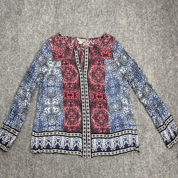 Lucky Brand Top Womens Size Large Tie Sleeve Geo Floral Boho V Neck - Picture 1 of 8